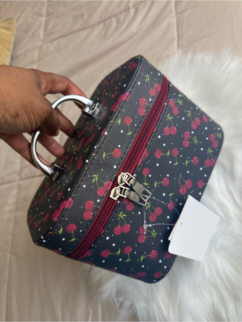 Cherry Print Top-Handle Cosmetic Case - Black